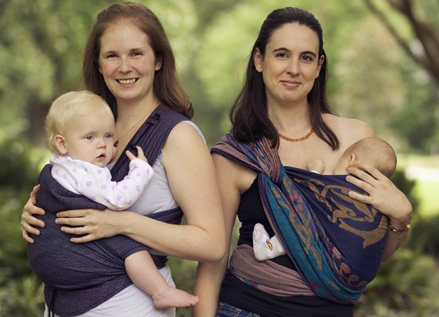 Left: Founder Amanda Thompson with Katherine (1 yr.) Carrier: Lisca Minos Didytai;  Right: Founder, Megan Clements with Lily (4 mos.) Carrier: Didymos Orient Ayana Woven Wrap, Size 5