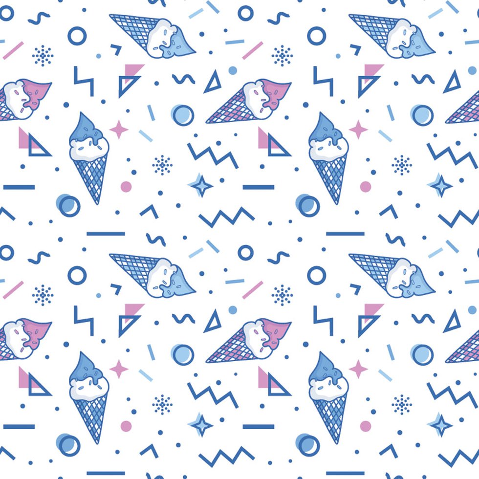 White, blue and pink memphis pattern with ice cream